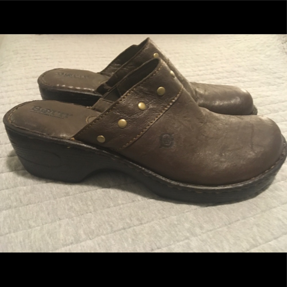 Born Brown Soft Leather Slide Mid Heel Mule Clog